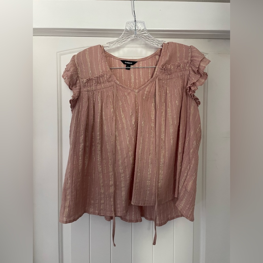 Express Pink Metallic Stripe Ruffle Sleeve Blouse